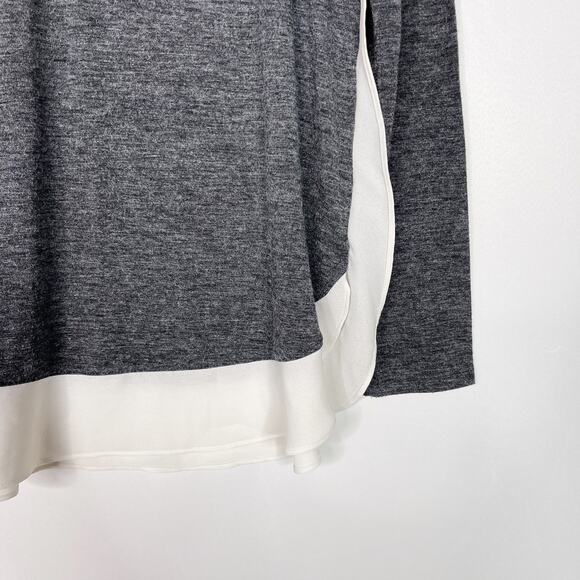 LOFT Medium Mixed Media Long Sleeve Top Heather Gray Cream Crew Neck Side Split - Picture 6 of 8